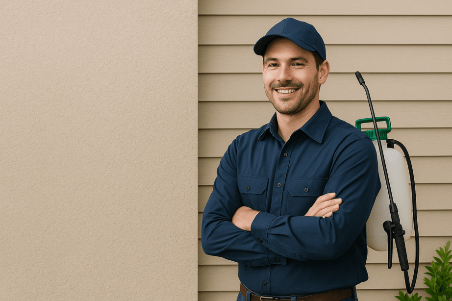 Pest & Termite Control in Stamford, CT with a subtle image of a house and green background elements